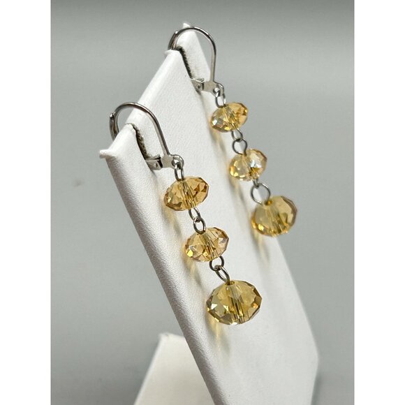 Faceted Crystals Dangles Earrings Leverback Triple Bead Sterling Silver 925 - Picture 3 of 6